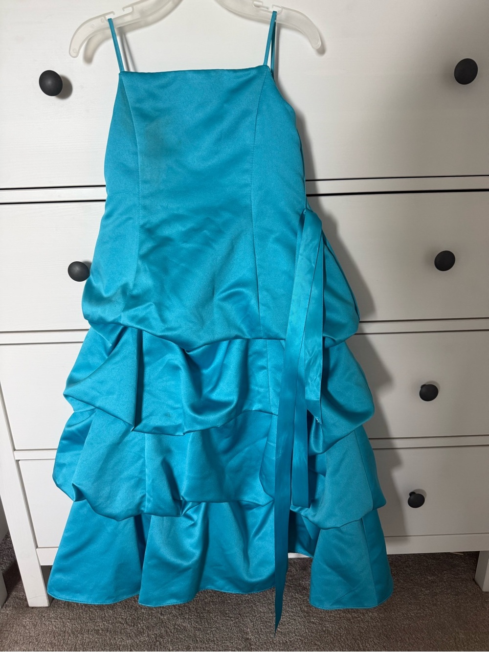 David's Bridal Turquoise Ruffle Tiered Spaghetti-Strap Kids Dress - Picture 1 of 4